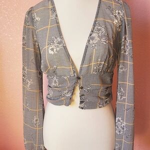 Forever 21 Black and Gray Floral Checkered Blouse